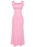 Yooulike Pink Bodycon Backless Tie Back Knot Square Neck Sleeveless Chic Elegant Evening Party Long Dress Maxi Dress