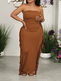 Yooulike Plus Size Bodycon Tassel Slit Bandeau Backless Off Shoulder Sleeveless Chic Elegant Evening Party Maxi Dress