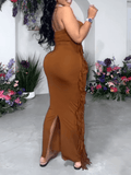 Yooulike Plus Size Bodycon Tassel Slit Bandeau Backless Off Shoulder Sleeveless Chic Elegant Evening Party Maxi Dress