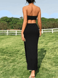 Yooulike Cut Out Bodycon Side Slit Bandeau Backless Sleeveless Chic Elegant Vacation Holiday Maxi Dress