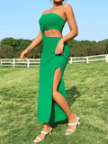 Yooulike Cut Out Bodycon Side Slit Bandeau Backless Sleeveless Chic Elegant Vacation Holiday Maxi Dress