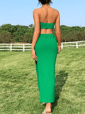 Yooulike Cut Out Bodycon Side Slit Bandeau Backless Sleeveless Chic Elegant Vacation Holiday Maxi Dress