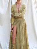 Yooulike Linen Side Slit Draped Deep V-Neck Lantern Sleeve Long Sleeve Casual Elegant Boho Fashion Vacation Beach Long Maxi Dress