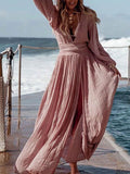 Yooulike Linen Side Slit Draped Deep V-Neck Lantern Sleeve Long Sleeve Casual Elegant Boho Fashion Vacation Beach Long Maxi Dress