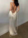 Yooulike Solid Color Slim Lace Up Boat Neck Backless Tie Back Spaghetti Straps Sleeveless Clubwear Fashion Party Maxi Dress