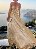 Yooulike Bronzing Bandeau Sleeveless Elegant Fashion Evening Party Prom Long Maxi Dress