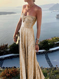 Yooulike Bronzing Bandeau Sleeveless Elegant Fashion Evening Party Prom Long Maxi Dress