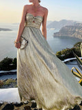 Yooulike Bronzing Bandeau Sleeveless Elegant Fashion Evening Party Prom Long Maxi Dress