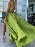 Yooulike Multi-Way Belt Side Slit V-Neck Halter Neck Backless Sleeveless Elegant Fashion Evening Party Prom Beach Maxi Dress