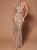 Yooulike Shimmer Sequin Mermaid Halter Neck Backless Sleeveless Chic Elegant Fashion Evening Party Bodycon Maxi Dress