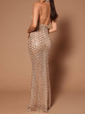 Yooulike Shimmer Sequin Mermaid Halter Neck Backless Sleeveless Chic Elegant Fashion Evening Party Bodycon Maxi Dress