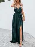 Yooulike V-Neck Slit Big Swing Belt Sleeveless Boho Casual Vacation Holiday Beach Summer Maxi Dress