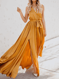 Yooulike V-Neck Slit Big Swing Belt Sleeveless Boho Casual Vacation Holiday Beach Summer Maxi Dress