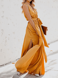 Yooulike V-Neck Slit Big Swing Belt Sleeveless Boho Casual Vacation Holiday Beach Summer Maxi Dress