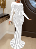 Yooulike Bodycon Rhinestone Shimmer Mesh Zipper Round Neck Long Sleeve Elegant Evening Party Ceremony Maxi Dress