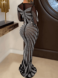 Yooulike Bodycon Rhinestone Shimmer Mesh Zipper Round Neck Long Sleeve Elegant Evening Party Ceremony Maxi Dress