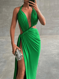 Yooulike Patchwork Cut Out Irregular Slit Halter Neck Backless Sleeveless Elegant Fashion Party Vacation Beach Maxi Dress