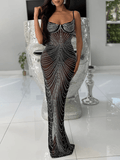 Yooulike Shimmer Rhinestone Mesh Slit Bandeau Backless Club Chic Evening Party Bodycon Maxi Dress