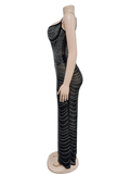 Yooulike Shimmer Rhinestone Mesh Slit Bandeau Backless Club Chic Evening Party Bodycon Maxi Dress