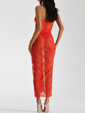 Yooulike Lace Mesh See Through Knot Cut Out Bandeau Backless Sleeveless Chic Fashion Beach Holiday Bodycon Maxi Dress