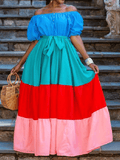 Yooulike Hit Color Belt Draped Off Shoulder Puff Sleeve Short Sleeve Elegant Fashion Loose Beach Holiday Plus Size Maxi Dress