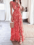 Yooulike Floral Cut Out Slit Falbala V-Neck Bare Waist Tie Back Backless Elegant Boho Fashion Casual Holiday Beach Maxi Dress