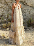 Yooulike Flowers Crossover Cut Out Draped Hem Appliques Flouncy Halter Neck Cute Sweet Loose Beach Maxi Dress