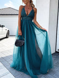 Yooulike Lace Tulle Draped V-Neck Backless Sleeveless Elegant Fashion Boho Evening Party Holiday Beach Maxi Dress