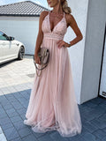 Yooulike Lace Tulle Draped V-Neck Backless Sleeveless Elegant Fashion Boho Evening Party Holiday Beach Maxi Dress