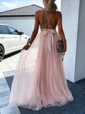 Yooulike Lace Tulle Draped V-Neck Backless Sleeveless Elegant Fashion Boho Evening Party Holiday Beach Maxi Dress