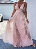 Yooulike Lace Tulle Draped V-Neck Backless Sleeveless Elegant Fashion Boho Evening Party Holiday Beach Maxi Dress