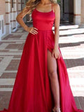 Yooulike Solid Color Satin Side Slit Round Neck Backless Sleeveless Elegant Fashion Prom Party Maxi Dress