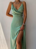 Yooulike Satin Solid Color Side Slit V-Neck Backless Cami Dress Sleeveless Elegant Evening Party Maxi Dress