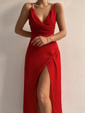 Yooulike Satin Solid Color Side Slit V-Neck Backless Cami Dress Sleeveless Elegant Evening Party Maxi Dress