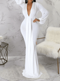 Yooulike Bodycon Belt Draped Mermaid Deep V-Neck Lantern Sleeve Long Sleeve Elegant Fashion Evening Party Maxi Dress