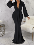 Yooulike Bodycon Belt Draped Mermaid Deep V-Neck Lantern Sleeve Long Sleeve Elegant Fashion Evening Party Maxi Dress