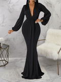 Yooulike Bodycon Belt Draped Mermaid Deep V-Neck Lantern Sleeve Long Sleeve Elegant Fashion Evening Party Maxi Dress