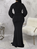 Yooulike Bodycon Belt Draped Mermaid Deep V-Neck Lantern Sleeve Long Sleeve Elegant Fashion Evening Party Maxi Dress