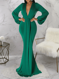 Yooulike Bodycon Belt Draped Mermaid Deep V-Neck Lantern Sleeve Long Sleeve Elegant Fashion Evening Party Maxi Dress