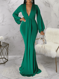 Yooulike Bodycon Belt Draped Mermaid Deep V-Neck Lantern Sleeve Long Sleeve Elegant Fashion Evening Party Maxi Dress