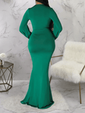 Yooulike Bodycon Belt Draped Mermaid Deep V-Neck Lantern Sleeve Long Sleeve Elegant Fashion Evening Party Maxi Dress