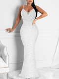 Yooulike Rhinestone Mermaid V-Neck Backless Spaghetti Straps Sleeveless Chic Elegant Fashion Evening Party Bodycon Maxi Dress