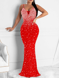 Yooulike Rhinestone Mermaid V-Neck Backless Spaghetti Straps Sleeveless Chic Elegant Fashion Evening Party Bodycon Maxi Dress