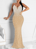 Yooulike Rhinestone Mermaid V-Neck Backless Spaghetti Straps Sleeveless Chic Elegant Fashion Evening Party Bodycon Maxi Dress