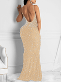 Yooulike Rhinestone Mermaid V-Neck Backless Spaghetti Straps Sleeveless Chic Elegant Fashion Evening Party Bodycon Maxi Dress