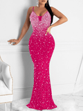 Yooulike Rhinestone Mermaid V-Neck Backless Spaghetti Straps Sleeveless Chic Elegant Fashion Evening Party Bodycon Maxi Dress