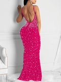 Yooulike Rhinestone Mermaid V-Neck Backless Spaghetti Straps Sleeveless Chic Elegant Fashion Evening Party Bodycon Maxi Dress