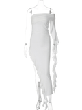 Yooulike Ruffle Boat Neck Irregular High Side Slits Flouncy Falbala Short Sleeve Elegant Fashion Cocktail Bodycon Maxi Dress