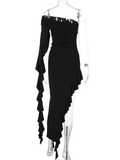 Yooulike Ruffle Boat Neck Irregular High Side Slits Flouncy Falbala Short Sleeve Elegant Fashion Cocktail Bodycon Maxi Dress