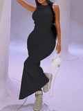 Yooulike Solid Color Hooded Black Slit Sleeveless Chic Elegant Fashion Bodycon Fitted Maxi Dress for Women Street Style